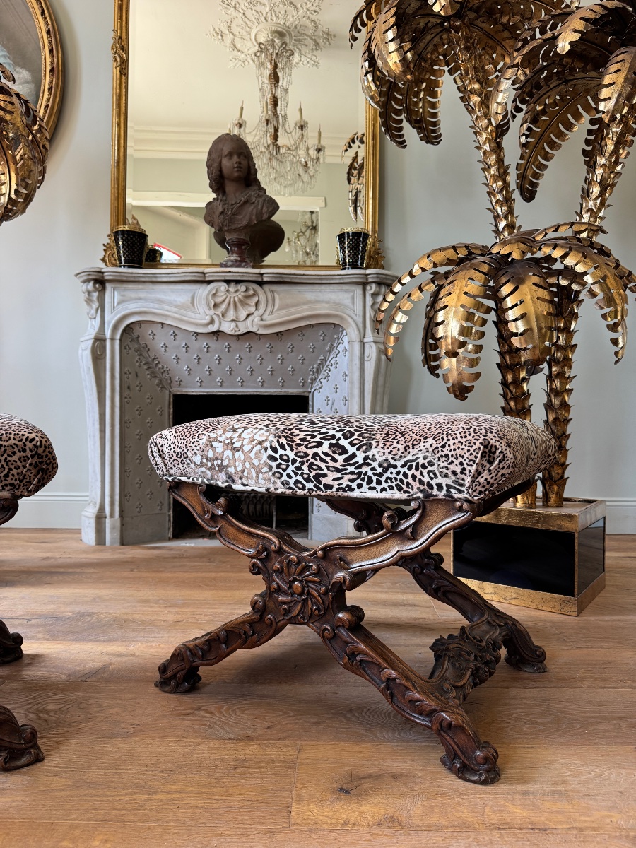 Paire de curules de la fin du XIXe en bois sculpté de style Louis XV -photo-2