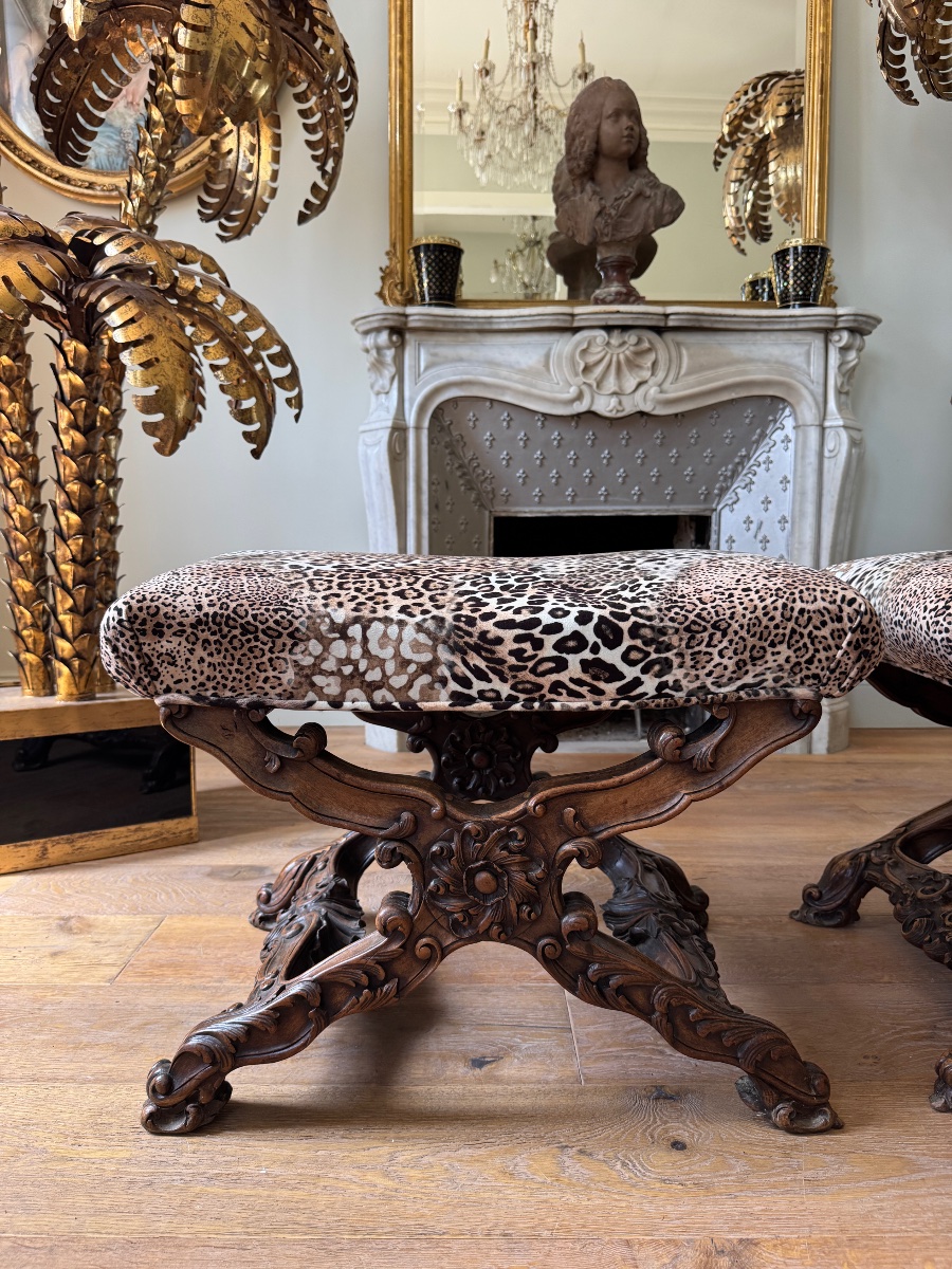 Paire de curules de la fin du XIXe en bois sculpté de style Louis XV -photo-4