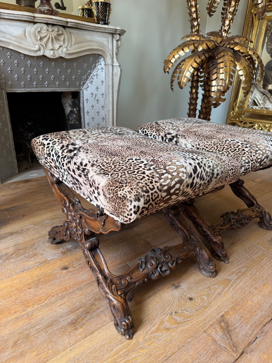 Paire de curules de la fin du XIXe en bois sculpté de style Louis XV -photo-6