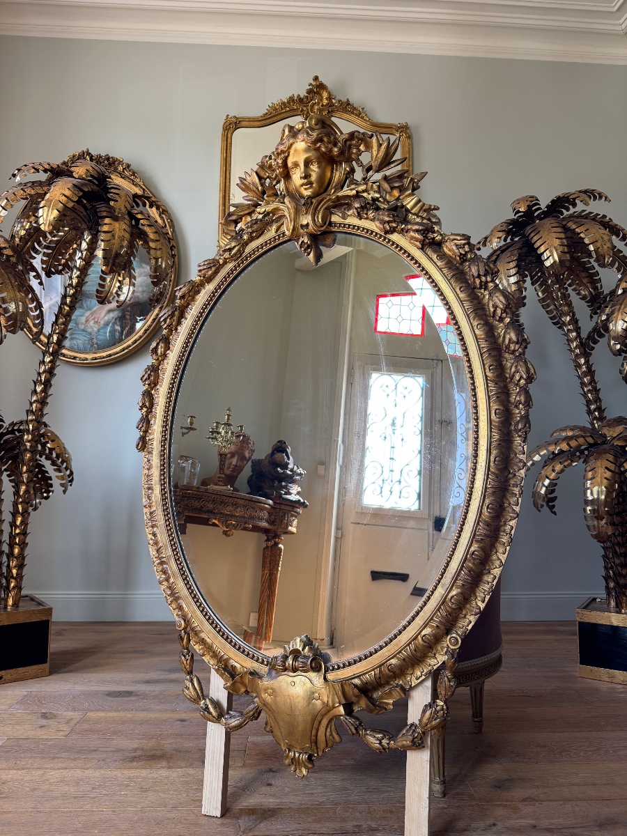 Miroir ovale d’époque Napoléon III en bois doré - XIXe siècle -photo-2
