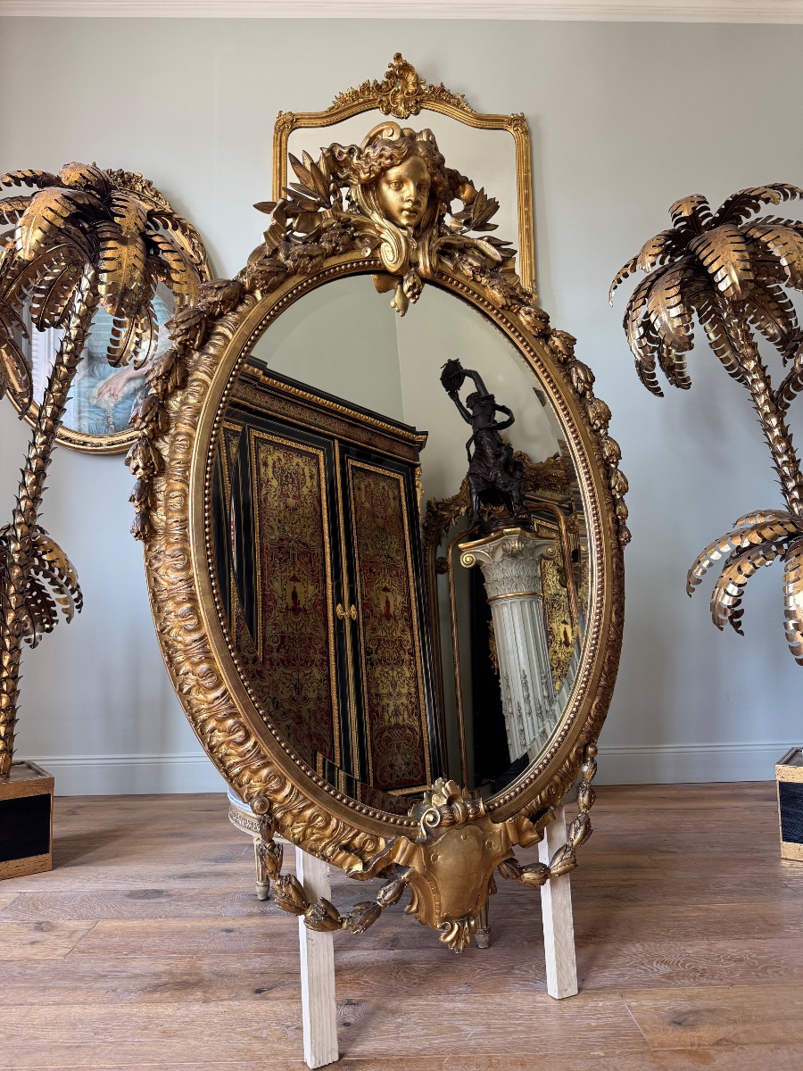 Miroir ovale d’époque Napoléon III en bois doré - XIXe siècle -photo-3