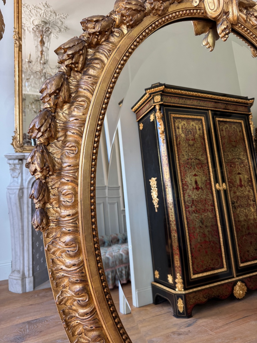 Miroir ovale d’époque Napoléon III en bois doré - XIXe siècle -photo-2