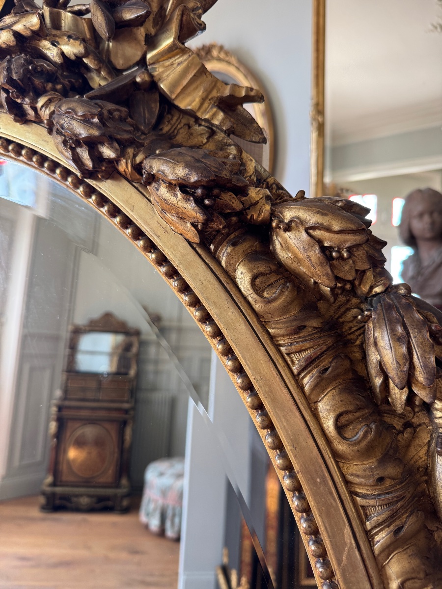 Miroir ovale d’époque Napoléon III en bois doré - XIXe siècle -photo-3