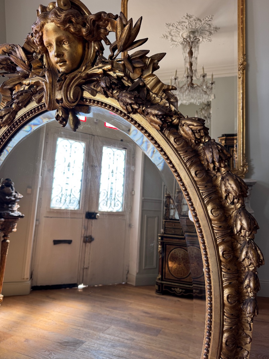 Miroir ovale d’époque Napoléon III en bois doré - XIXe siècle -photo-4