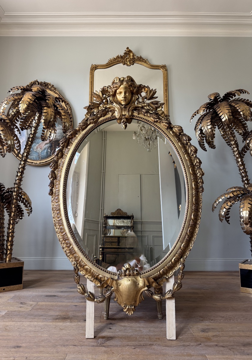Miroir ovale d’époque Napoléon III en bois doré - XIXe siècle 