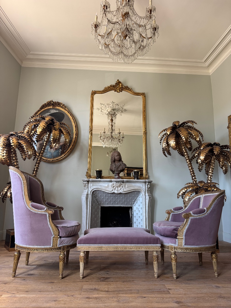Duchesse brisée de la fin du XIXe en bois peint et doré de style Louis XVI-photo-2