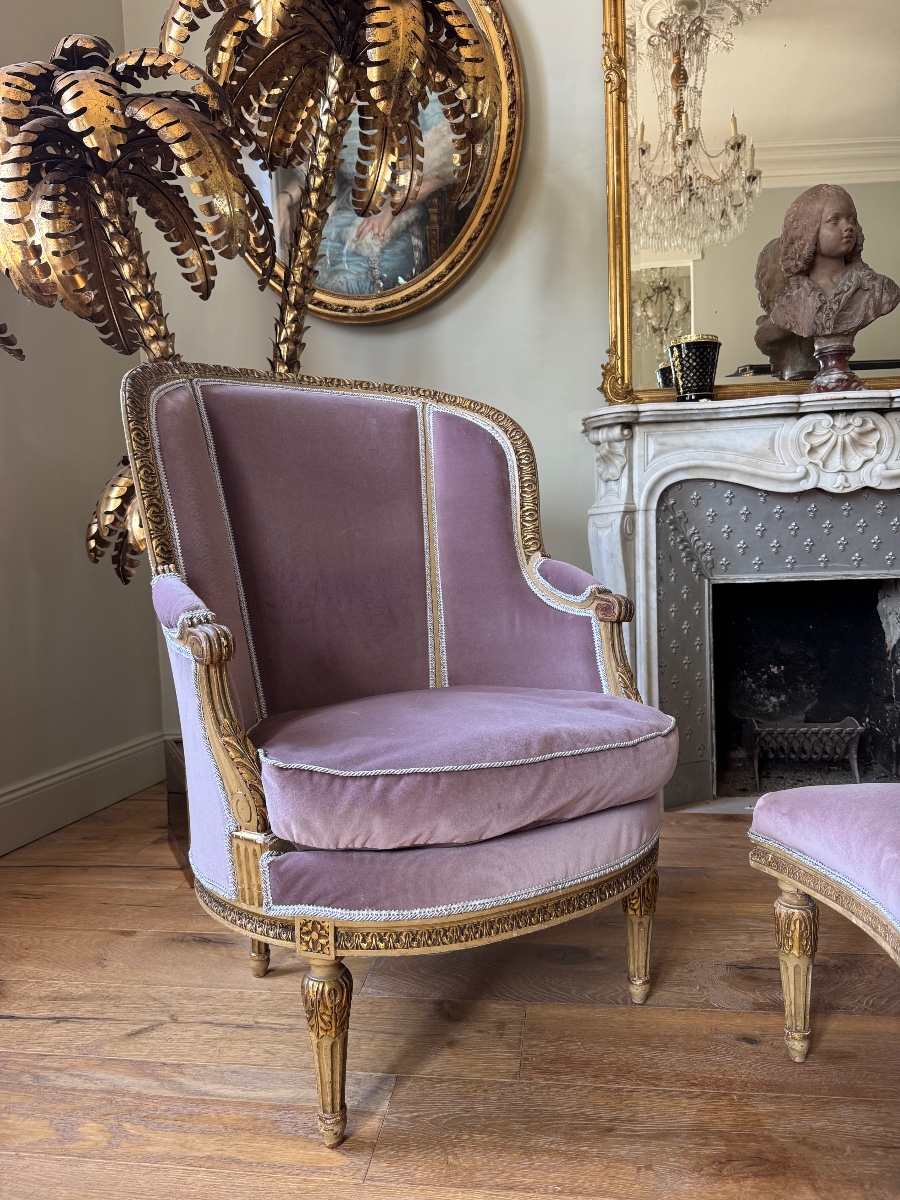 Duchesse brisée de la fin du XIXe en bois peint et doré de style Louis XVI-photo-2