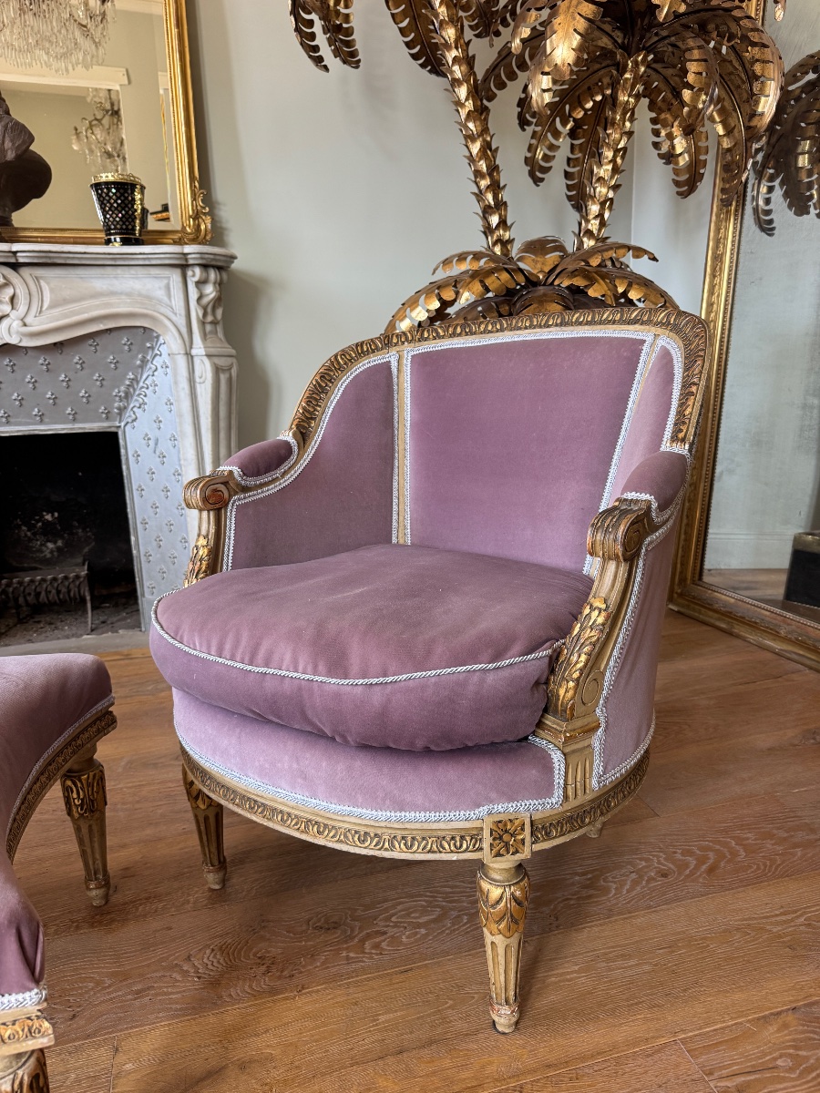 Duchesse brisée de la fin du XIXe en bois peint et doré de style Louis XVI-photo-3