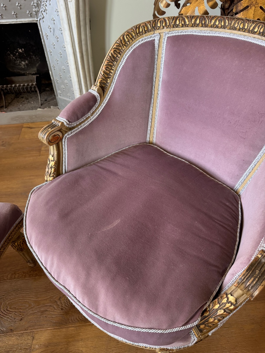 Duchesse brisée de la fin du XIXe en bois peint et doré de style Louis XVI-photo-4