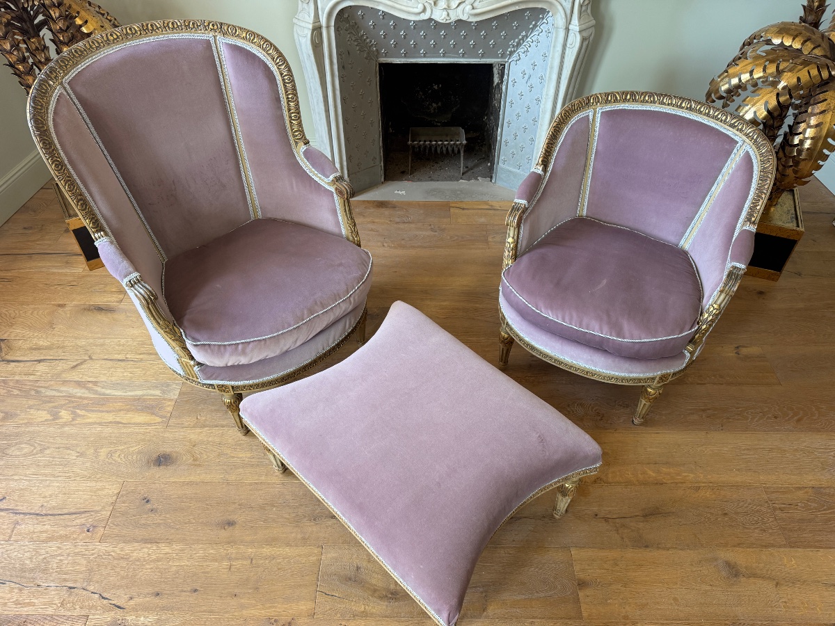 Duchesse brisée de la fin du XIXe en bois peint et doré de style Louis XVI-photo-6