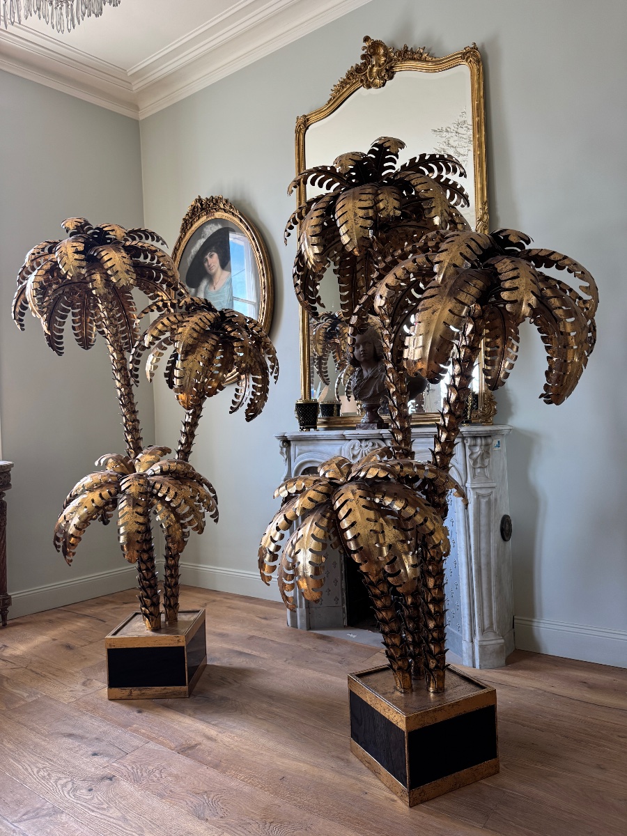 Paire de lampadaires en forme de palmier de style Jansen en métal doré - XXe siècle -photo-2