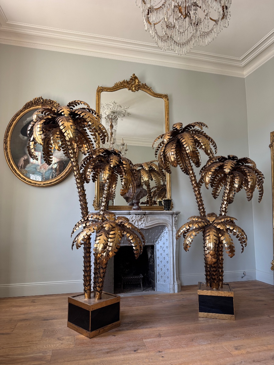 Paire de lampadaires en forme de palmier de style Jansen en métal doré - XXe siècle -photo-3