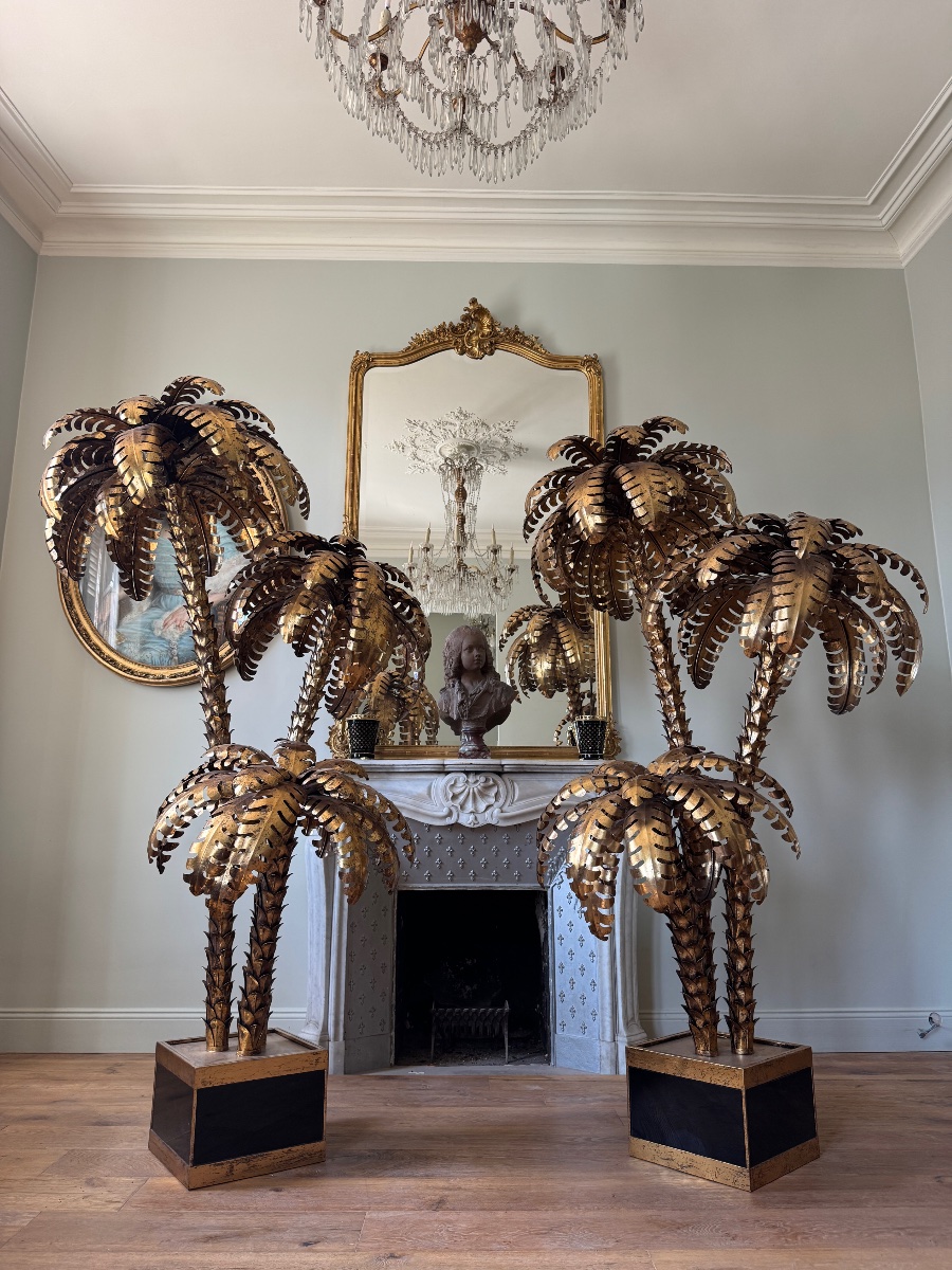 Paire de lampadaires en forme de palmier de style Jansen en métal doré - XXe siècle -photo-4