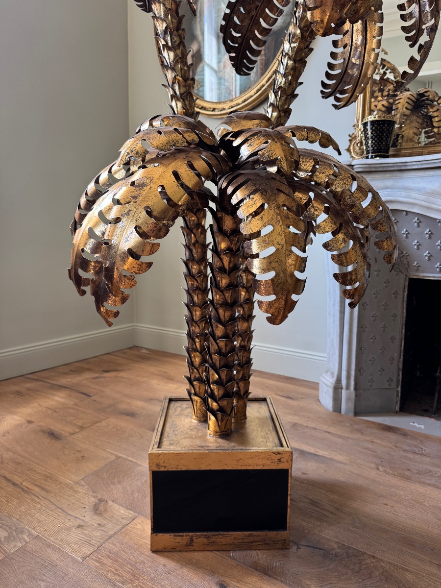 Paire de lampadaires en forme de palmier de style Jansen en métal doré - XXe siècle -photo-1