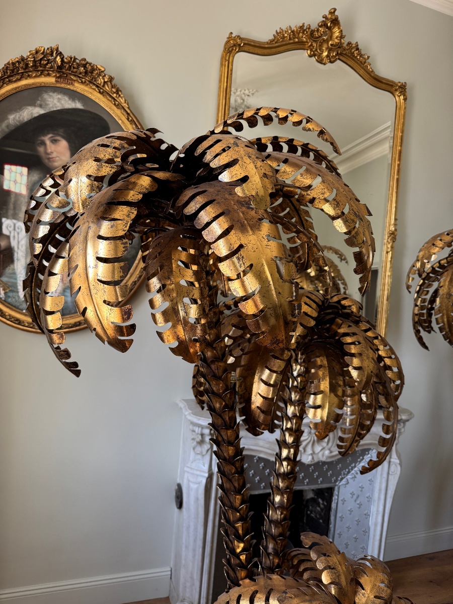 Paire de lampadaires en forme de palmier de style Jansen en métal doré - XXe siècle -photo-3