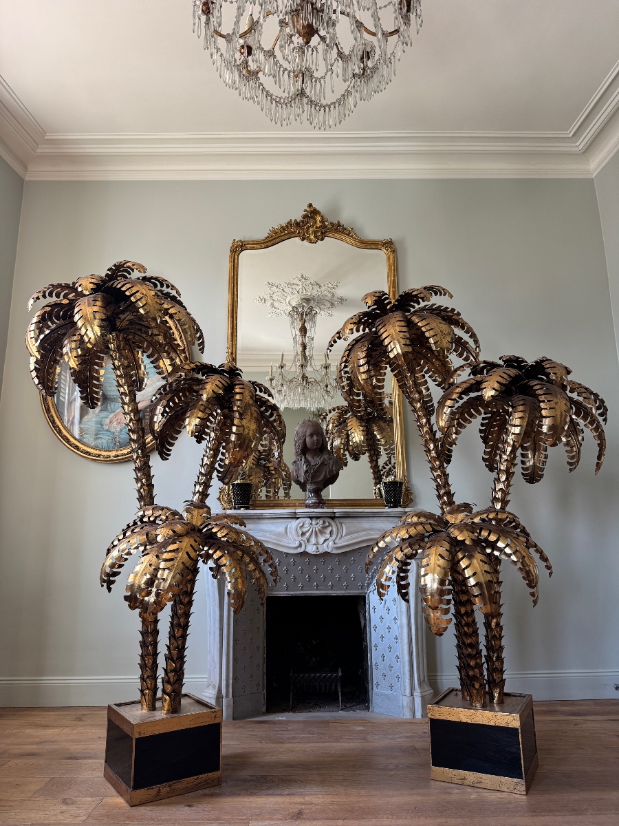 Paire de lampadaires en forme de palmier de style Jansen en métal doré - XXe siècle 