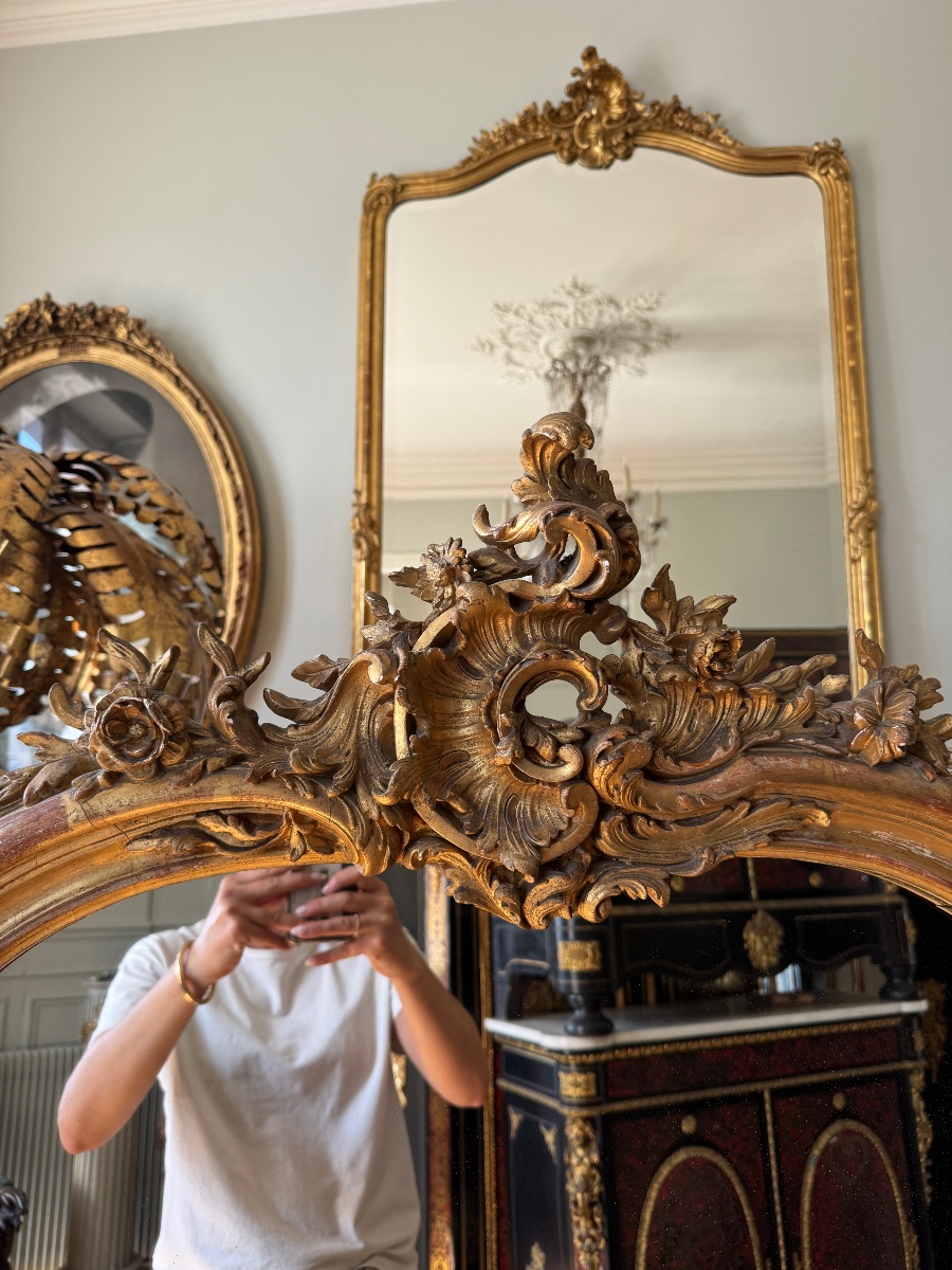 Napoleon III-era Fireplace Mirror In Gilded Wood, Louis XV Style-photo-4