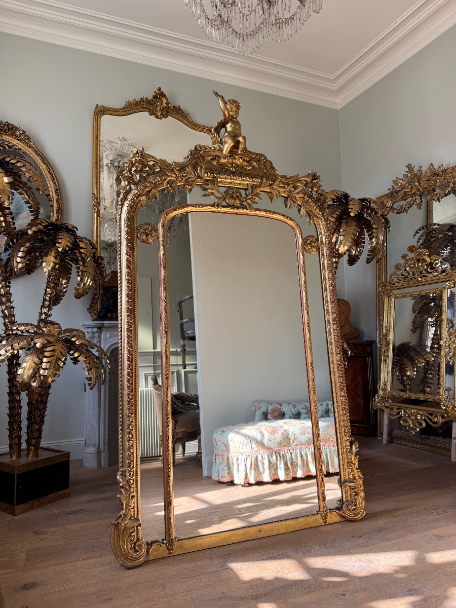Late 19th-century Fireplace Mirror In Gilded Wood, Decorated With Putti-photo-2