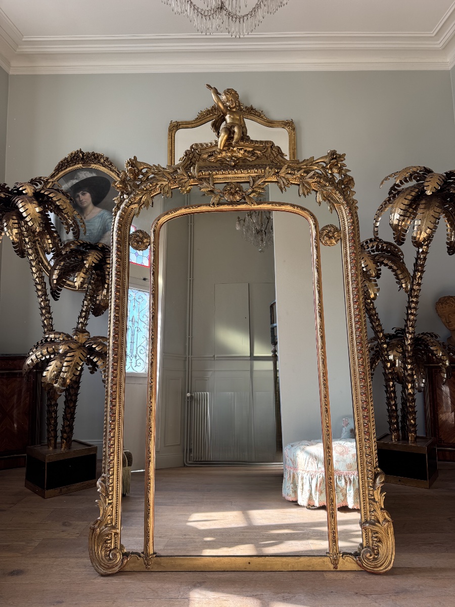 Late 19th-century Fireplace Mirror In Gilded Wood, Decorated With Putti-photo-4