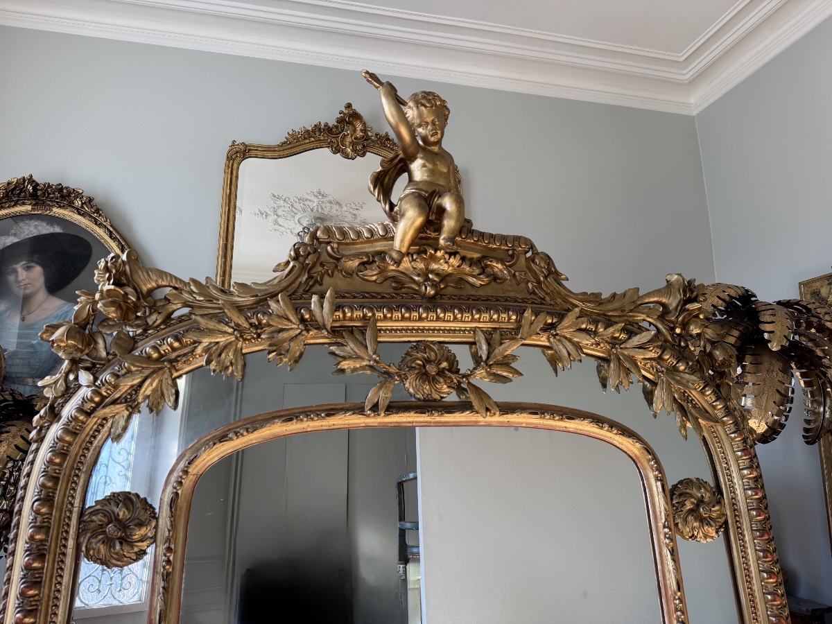 Late 19th-century Fireplace Mirror In Gilded Wood, Decorated With Putti-photo-2