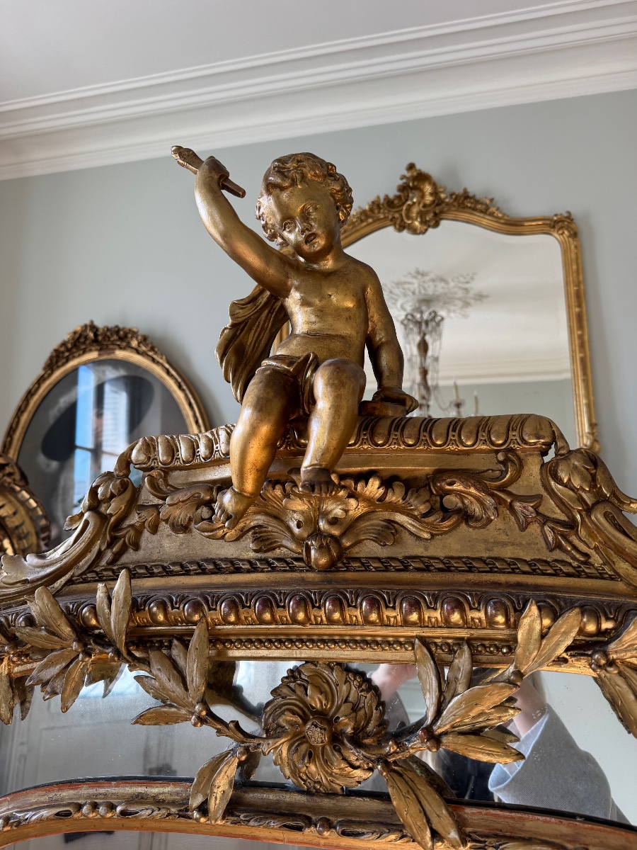 Late 19th-century Fireplace Mirror In Gilded Wood, Decorated With Putti-photo-3