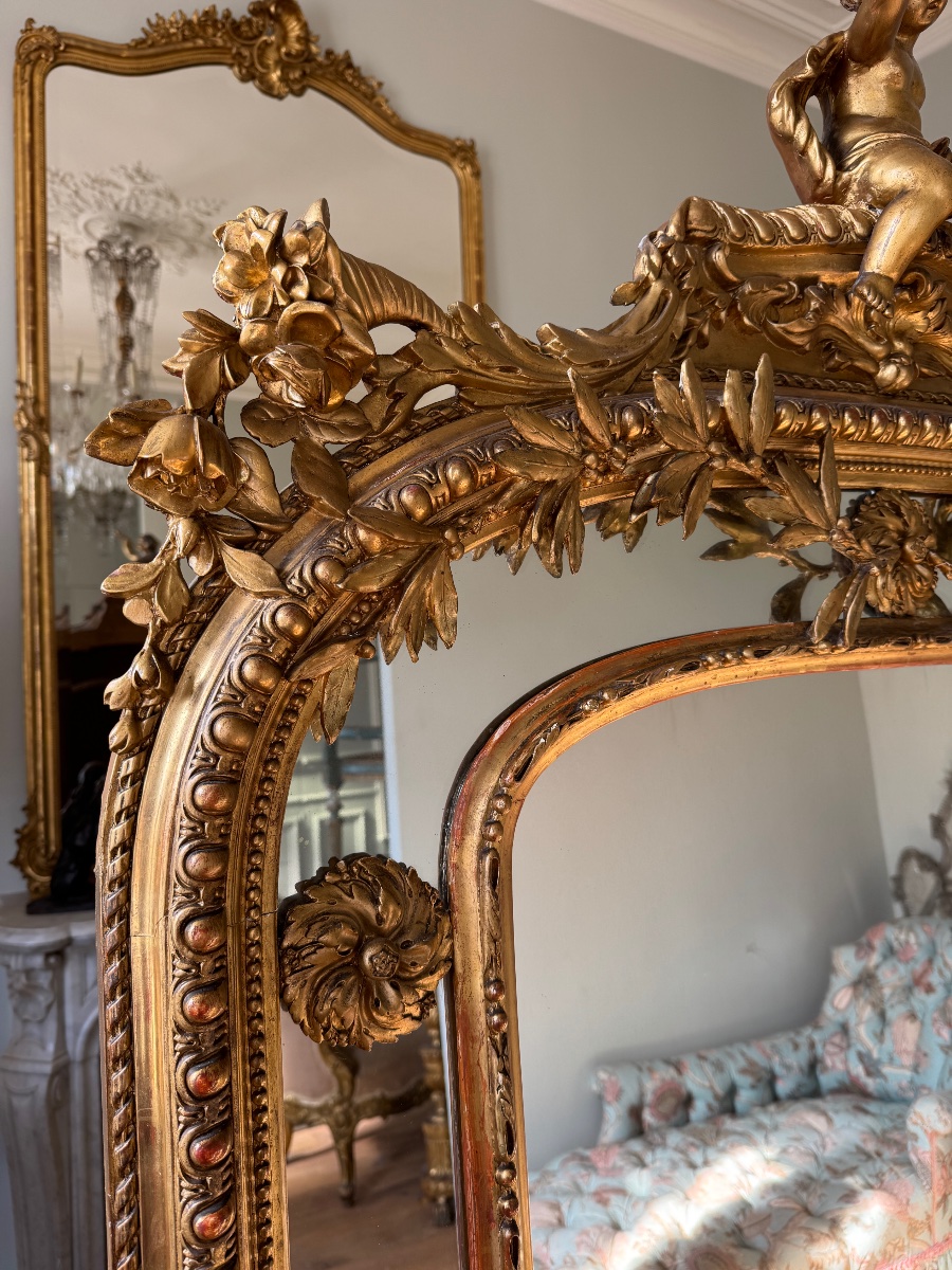Late 19th-century Fireplace Mirror In Gilded Wood, Decorated With Putti-photo-4