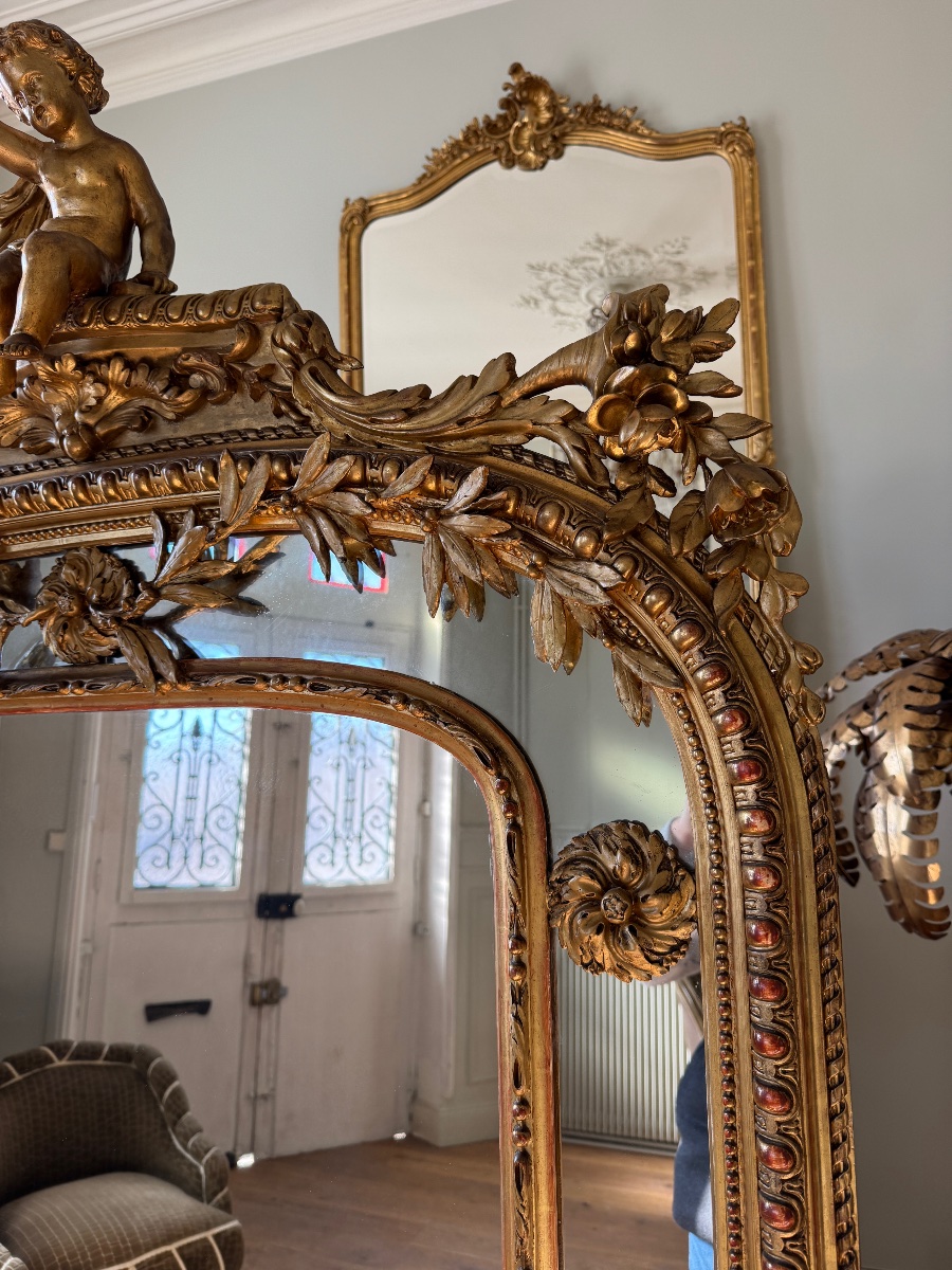 Late 19th-century Fireplace Mirror In Gilded Wood, Decorated With Putti-photo-5