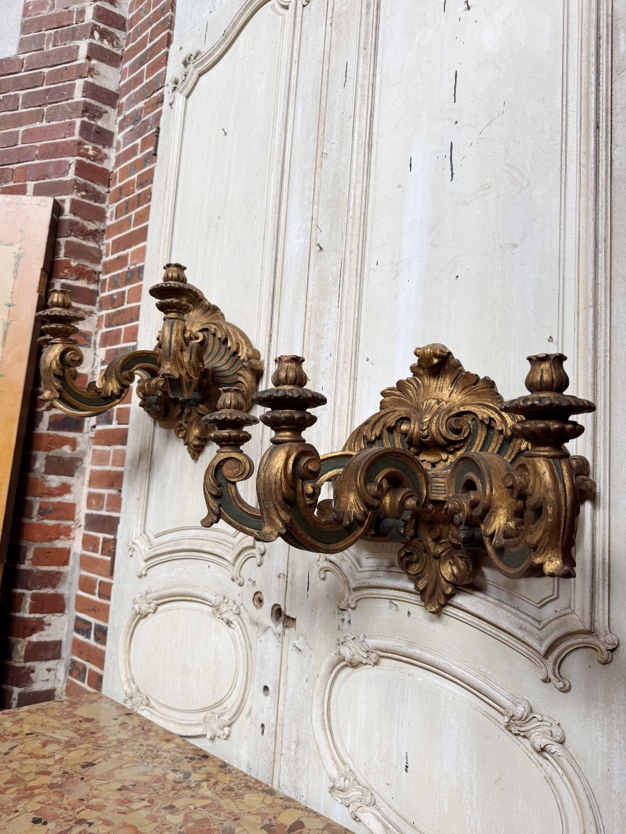Pair Of Italian Wall Sconces From The Napoleon III Period, Made Of Painted And Gilded Wood—19th Century -photo-1