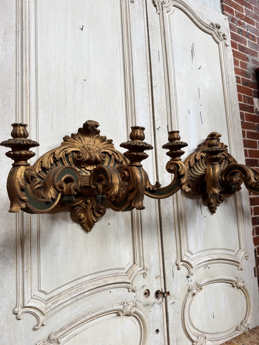 Pair Of Italian Wall Sconces From The Napoleon III Period, Made Of Painted And Gilded Wood—19th Century -photo-2