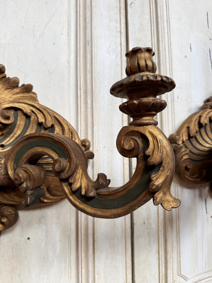 Pair Of Italian Wall Sconces From The Napoleon III Period, Made Of Painted And Gilded Wood—19th Century -photo-6