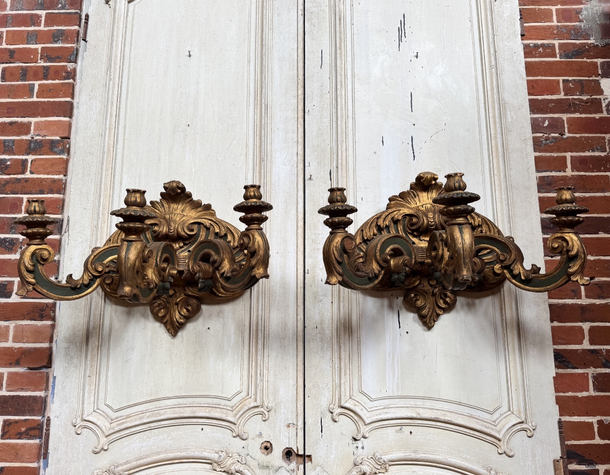 Pair Of Italian Wall Sconces From The Napoleon III Period, Made Of Painted And Gilded Wood—19th Century 