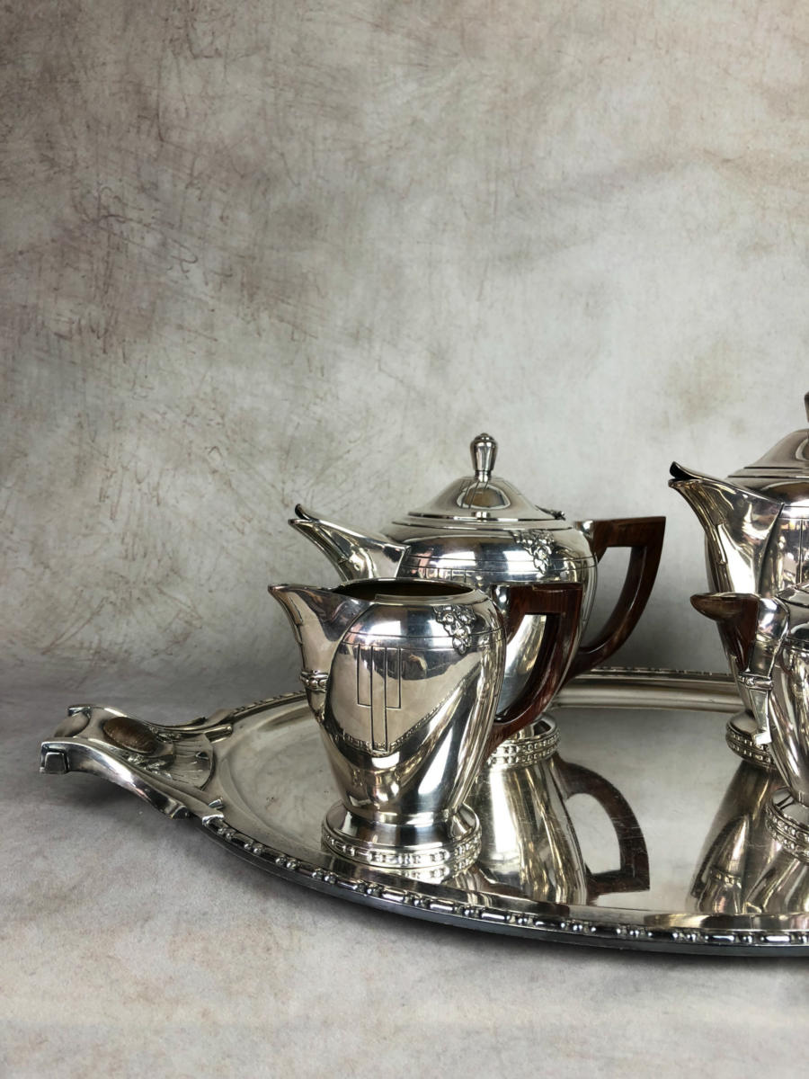 Tea / Coffee Service In Silver Metal And Handles In Rosewood Vintage Art Deco-photo-2