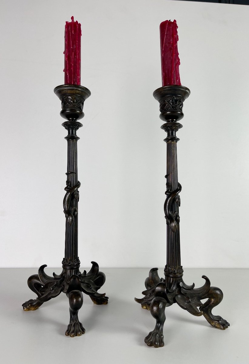 Pair Of Napoleon III Bronze Candlesticks In The Taste Of Barbedienne-photo-2