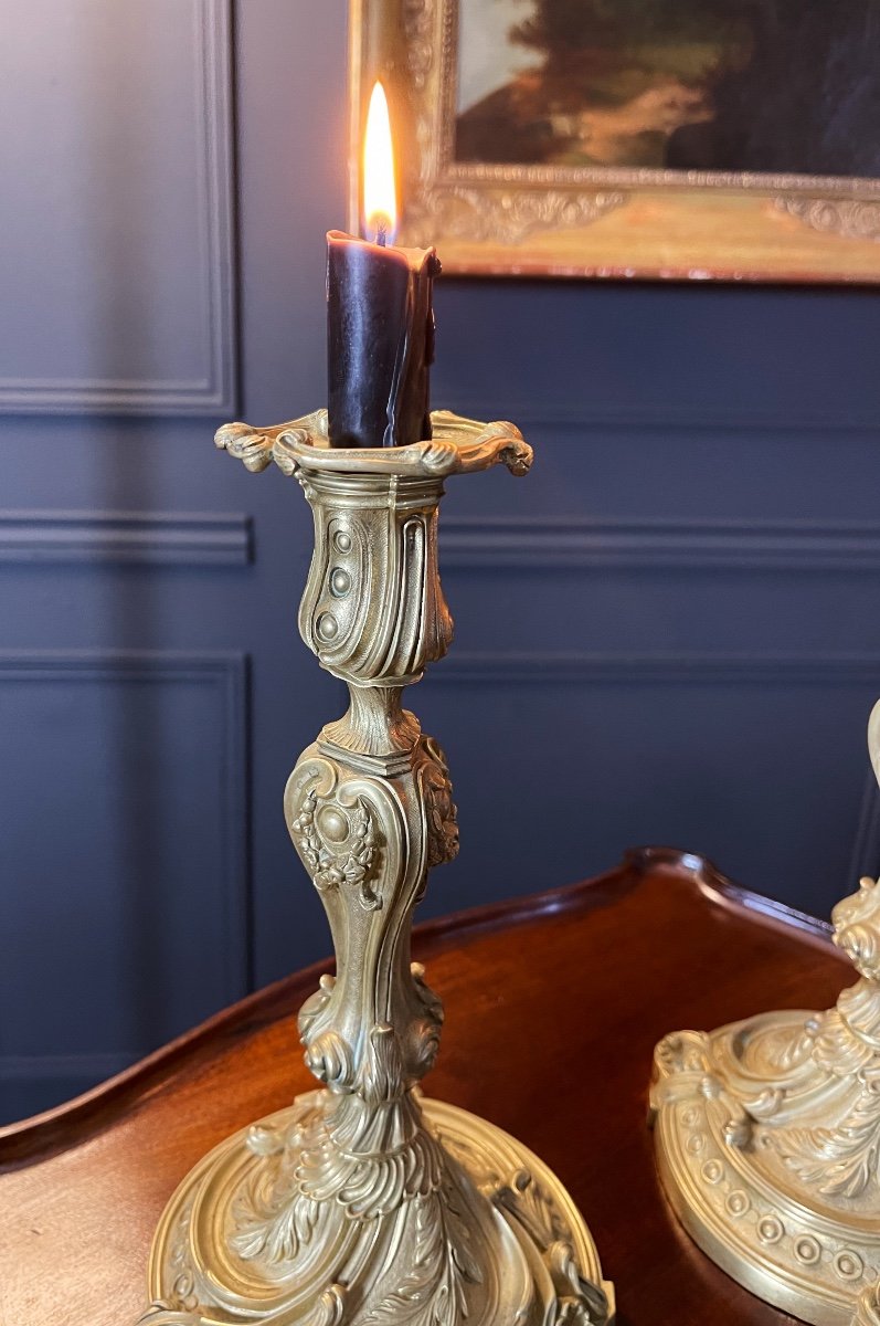 Pair Of Napoleon III Candlesticks In Gilt Bronze Louis XV Style-photo-3