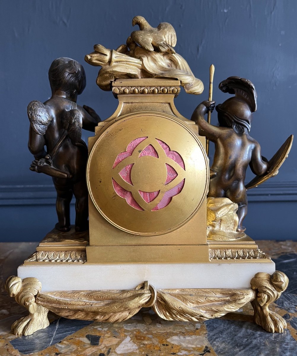 Pendule d'époque Napoléon III En Bronze Doré à Décor Deux Amours Guerriers - XIXe-photo-6
