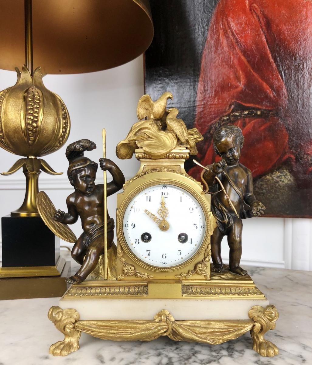 Pendule d'époque Napoléon III En Bronze Doré à Décor Deux Amours Guerriers - XIXe-photo-8