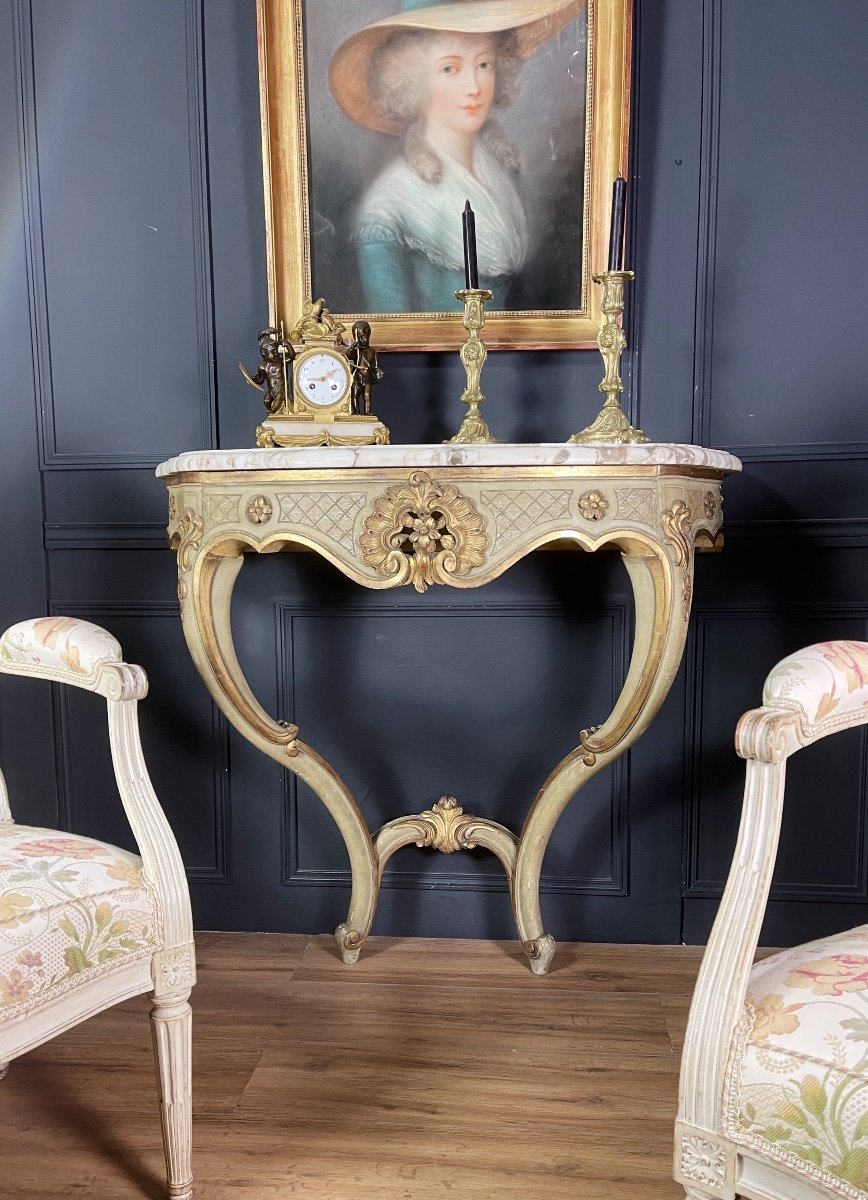 Console D’époque Napoléon III En Bois Peint Et Doré De Style Louis XV - XIXe -photo-4