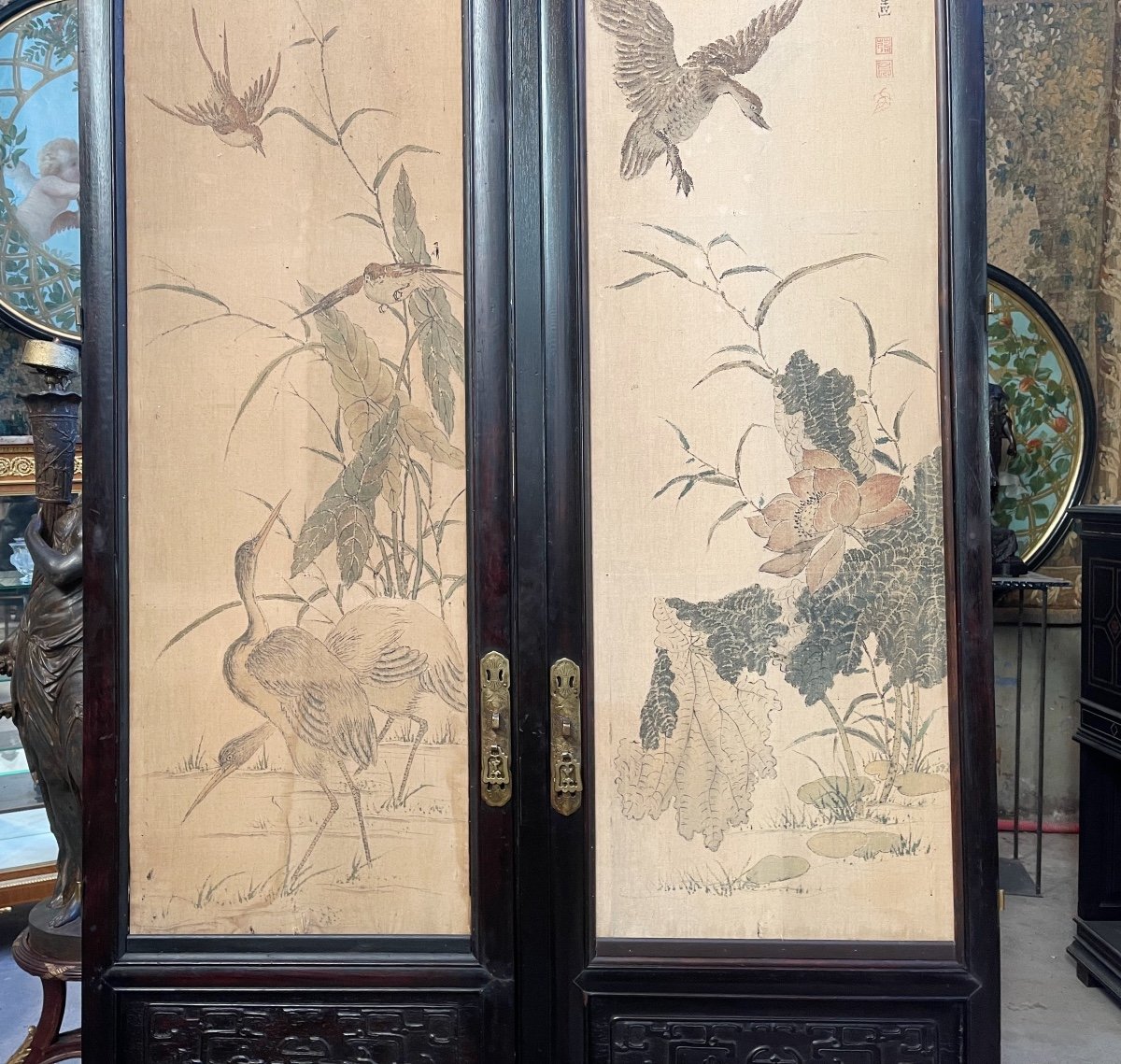 Paire De Portes Chinoises Du XIXe Ornée De Deux Paires De Peintures Sur Soie-photo-4