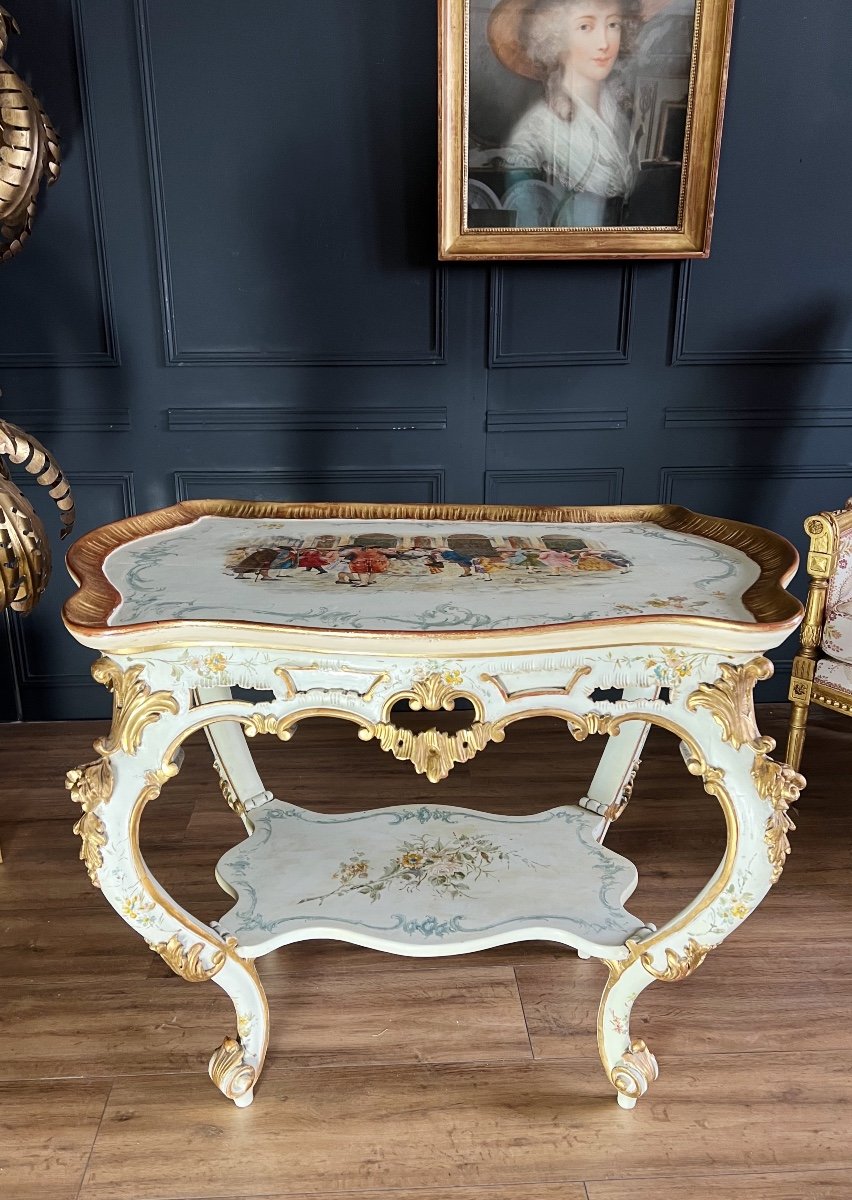 Table De Salon D’époque Napoléon III En Bois Peint De Style Louis XV Avec Plateau Amovible -photo-2