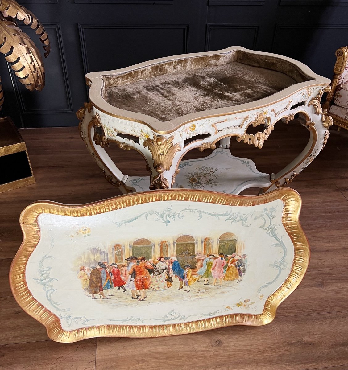 Table De Salon D’époque Napoléon III En Bois Peint De Style Louis XV Avec Plateau Amovible -photo-2