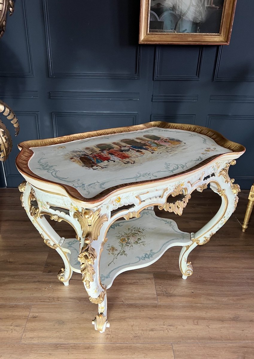 Table De Salon D’époque Napoléon III En Bois Peint De Style Louis XV Avec Plateau Amovible 