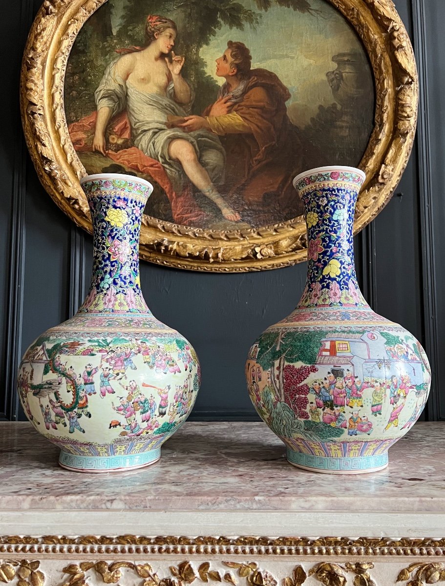 Paire De Vases En Porcelaine De Chine - Canton - Famille Rose - XXe-photo-2