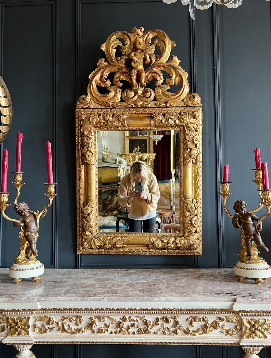 Italian Mirror From The Napoleon III Period In Golden Wood Decorated With A Baby Musician-photo-2