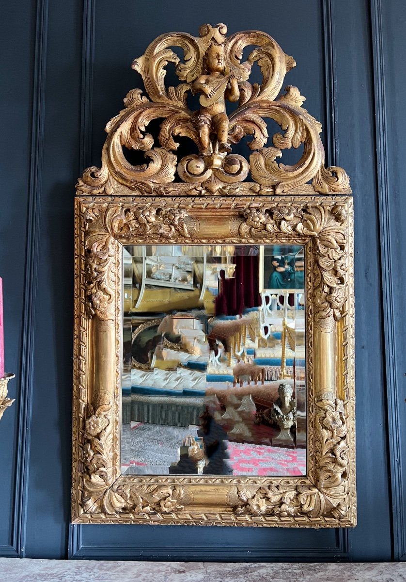 Italian Mirror From The Napoleon III Period In Golden Wood Decorated With A Baby Musician-photo-3