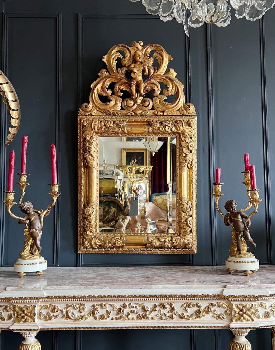 Italian Mirror From The Napoleon III Period In Golden Wood Decorated With A Baby Musician-photo-4