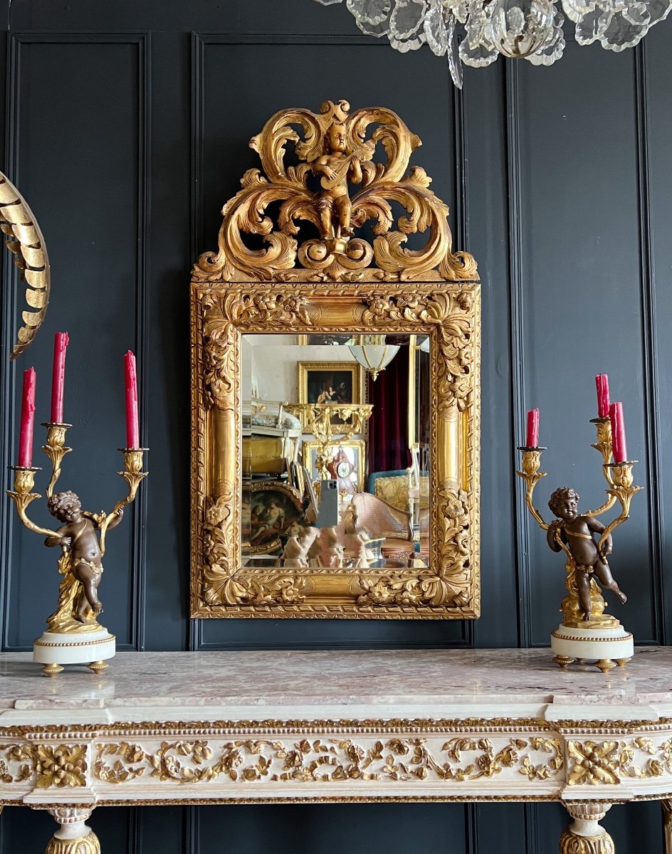 Miroir Italien D’époque Napoléon III En Bois Doré à Décor D’un Bébé Musicien-photo-4