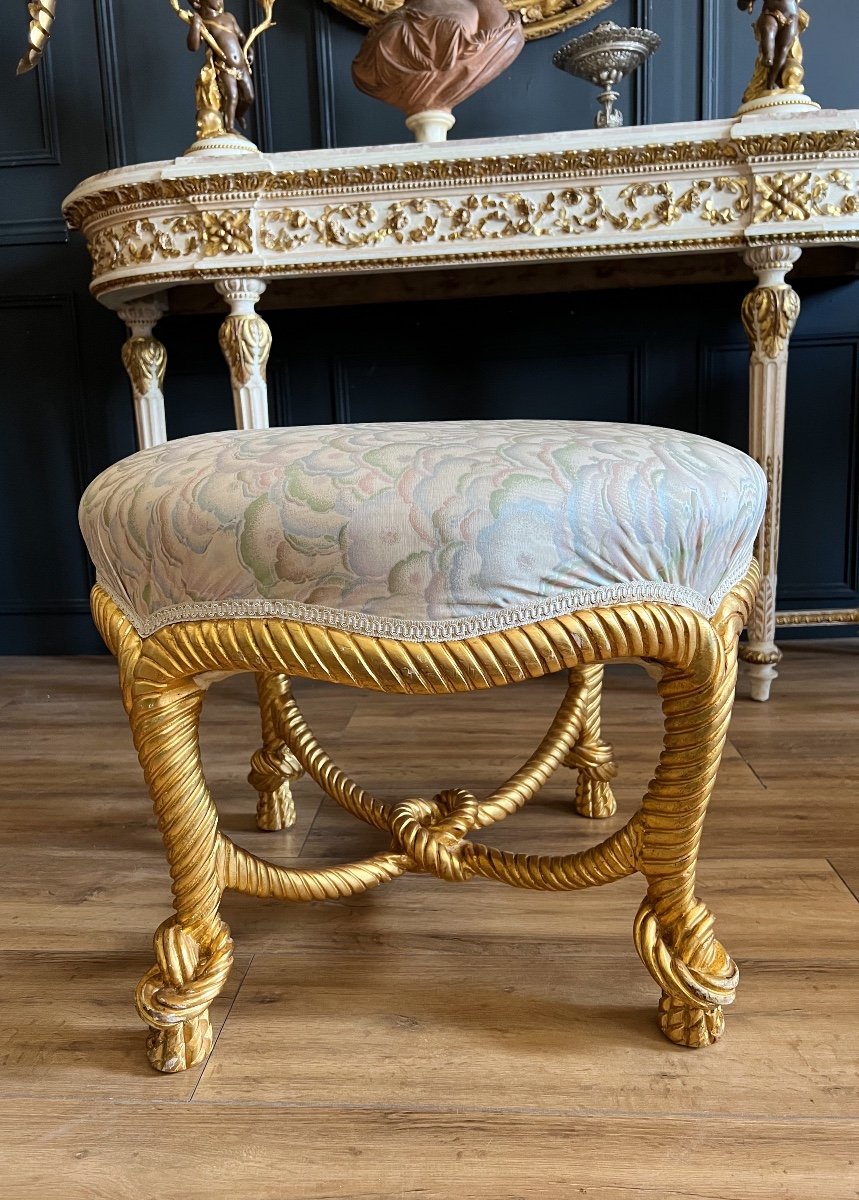 Pouf / Tabouret d'époque Napoléon III Avec Piètement Cordage En Bois Doré Et Sculpté - XIXe-photo-3