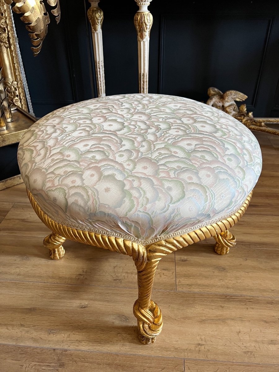 Pouf / Tabouret d'époque Napoléon III Avec Piètement Cordage En Bois Doré Et Sculpté - XIXe-photo-4