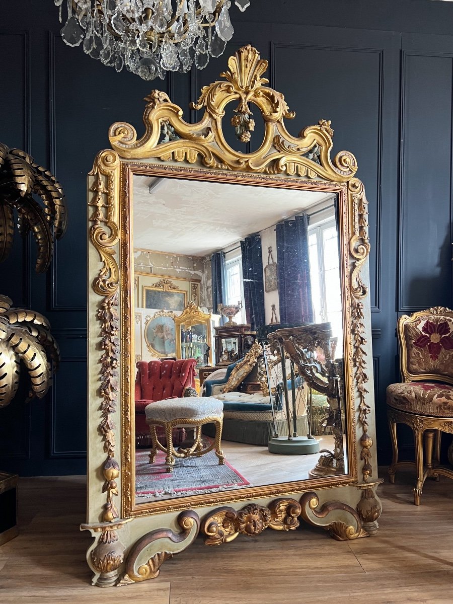 19th Century Italian Mirror In Golden And Painted Wood (h193xl125cm)-photo-3