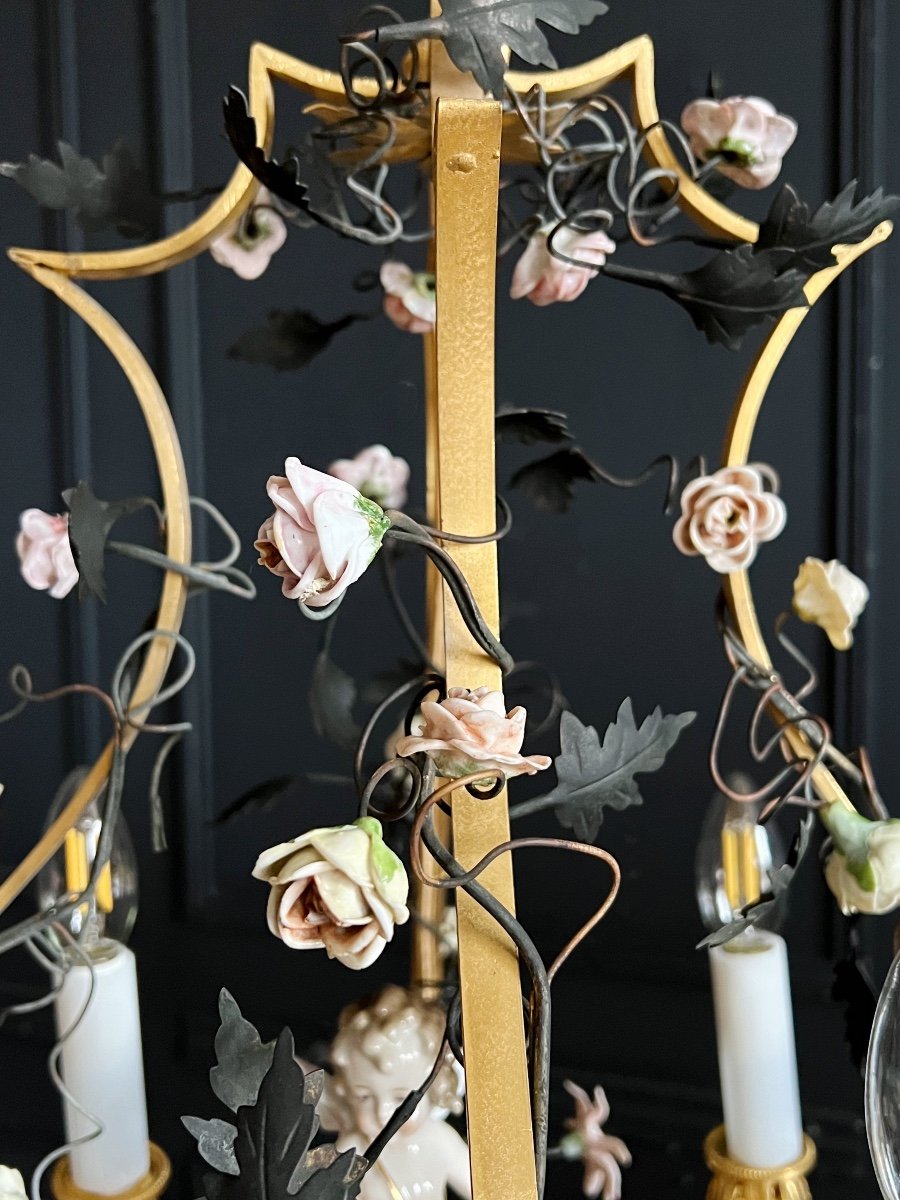 Lustre Cage D’époque Napoléon III En Bronze Doré Et Porcelaine -photo-4